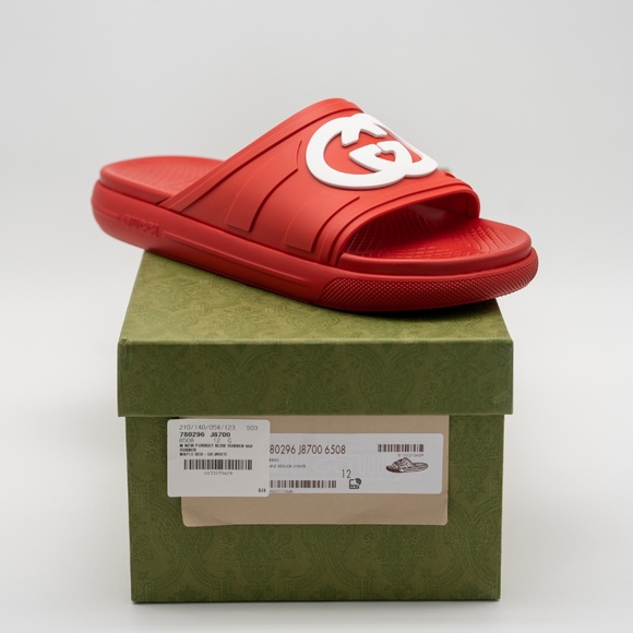 size 12G 12.5 US Gucci GG White Red Slides Sandals Interlocking Rubber - Picture 10 of 11
